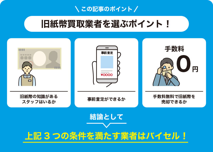 旧紙幣の買取業者を選ぶポイントを解説した画像